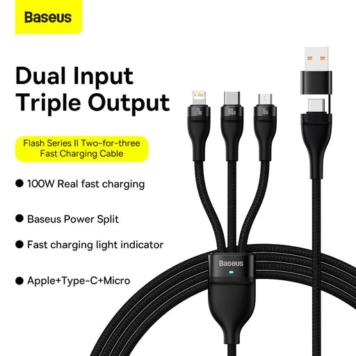 Baseus Flash Series Ⅱ Two for three Charging Cable U+C to M+L+C 100W Black