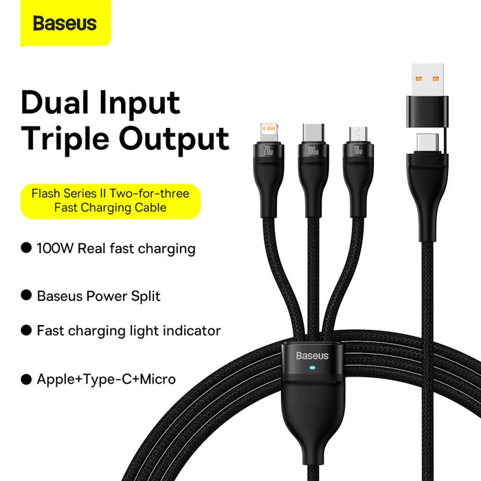 Baseus Flash Series Ⅱ Two for three Charging Cable U+C to M+L+C 100W Black