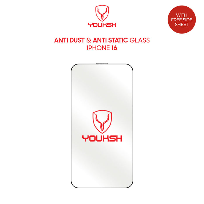 YOUKSH Apple iPhone 16 Anti Static Clear Glass Protector - YOUKSH Apple iPhone 16 (6.1) Anti Static Glass Protector - With YOUKSH Installation kit.