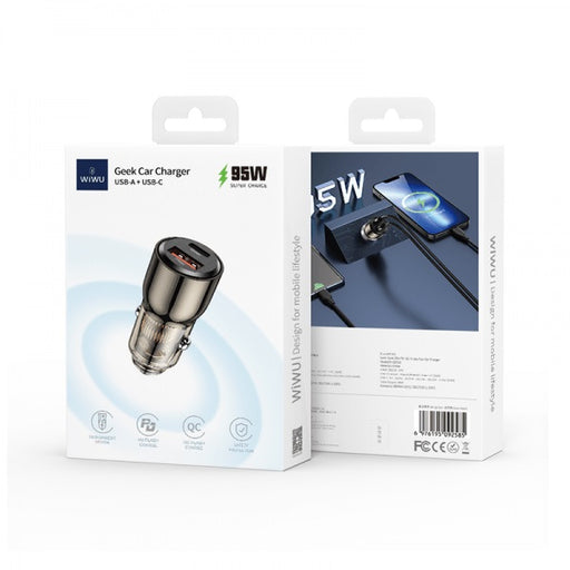 WIWU WI-QC012 95W PD+QC Kirsite Geek Fast Car Charger USB+Type-C – Transparent Black
